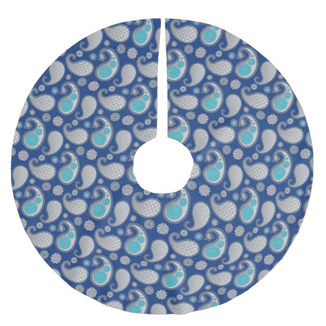 Paisley Muster, Silver Gray / Grau auf Cobalt Blue Polyester Weihnachtsbaumdecke (Vorderseite)
