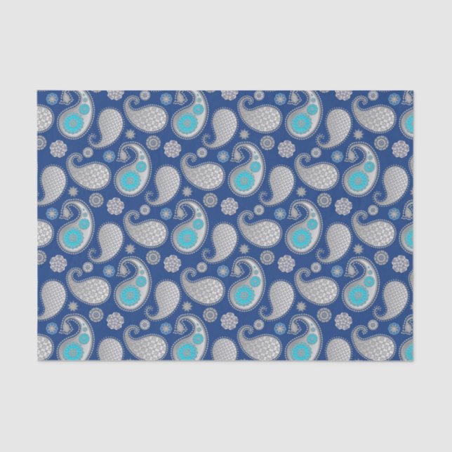 Paisley Muster, Silver Gray / Grau auf Cobalt Blue Seidenpapier (Vorderseite)