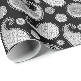 Paisley-Muster, Silver Gray / Grau auf Schwarz Geschenkpapier