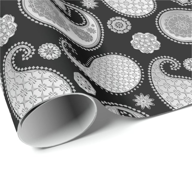 Paisley-Muster, Silver Gray / Grau auf Schwarz Geschenkpapier (Rolleneckpunkt)