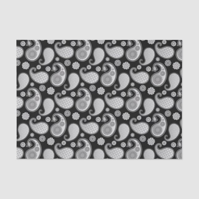 Paisley-Muster, Silver Gray / Grau auf Schwarz Seidenpapier (Vorderseite)