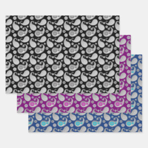 Paisley-Muster, Silver on Black, Lila und Blue Geschenkpapier Set