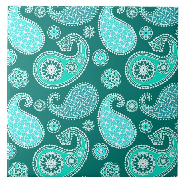 Paisley-Muster, Türkis, Aqua und Weiß Fliese (Vorderseite)