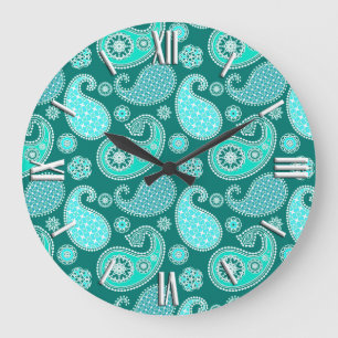 Paisley-Muster, Türkis, Aqua und Weiß Große Wanduhr