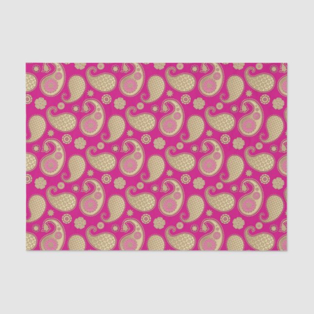 Paisley-Muster, weiches Gold auf Deep Fuchsia Pink Seidenpapier (Vorderseite)