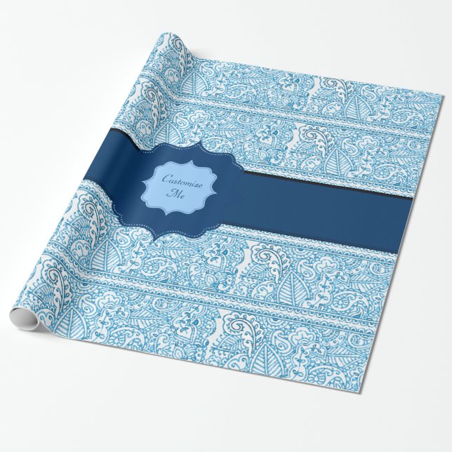 Paisley Passion - (Blau) (Henna) (Monogramm) Geschenkpapier (Ungerollt)