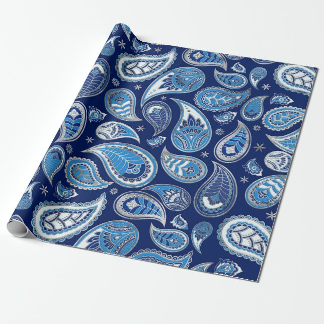 Paisley Pattern - Blau und Silber Geschenkpapier (Ungerollt)