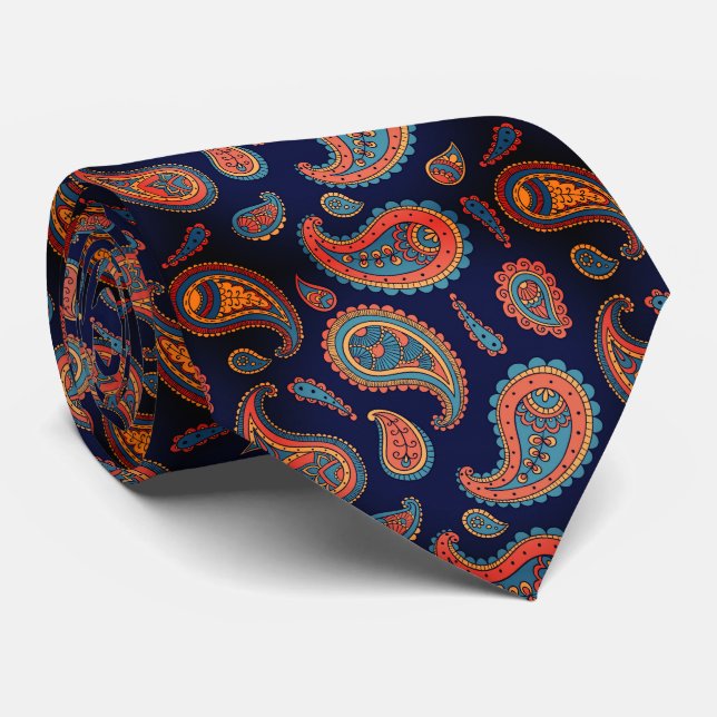 Paisley Pattern Blue Orange Krawatte (Gerollt)