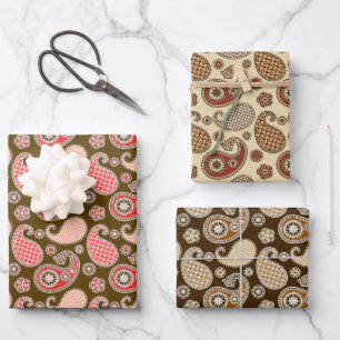 Paisley Pattern, Brown, Beige und Korallenorange Geschenkpapier Set