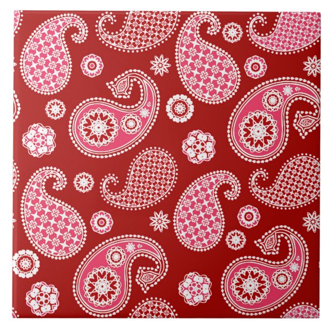 Paisley Pattern, Dunkelrot, Weiß und Korallenrosa Fliese (Vorderseite)