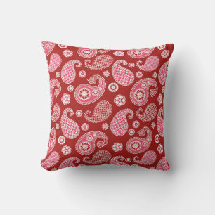 Paisley Pattern, Dunkelrot, Weiß und Korallenrosa Kissen