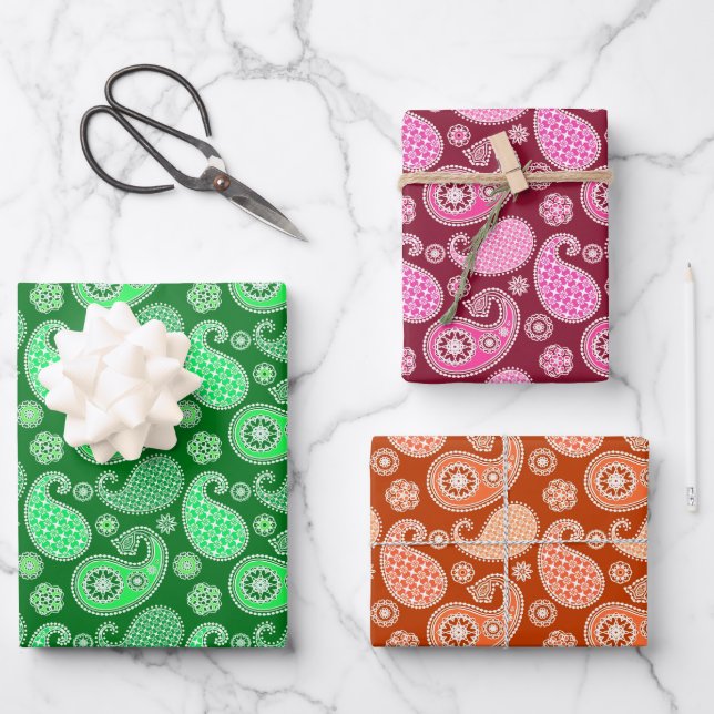 Paisley Pattern, Emerald, Burgund & Orange Geschenkpapier Set (Vorderseite)