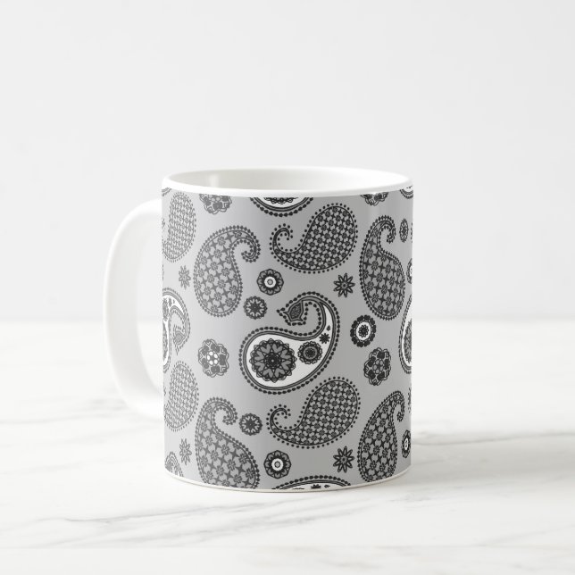 Paisley Pattern, grau, schwarz und weiß Kaffeetasse (Vorderseite Links)