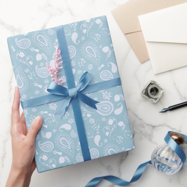 Paisley Pattern White and Blue Wrapping Paper Geschenkpapier (Schenken)