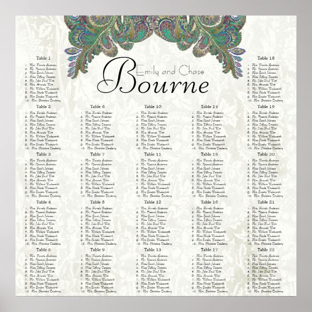 Paisley Peacock Colors Reception Seating Chart Poster (Vorne)
