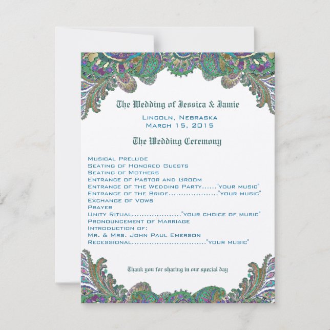 Paisley Peacock Colors Wedding Program Einladung (Vorderseite)