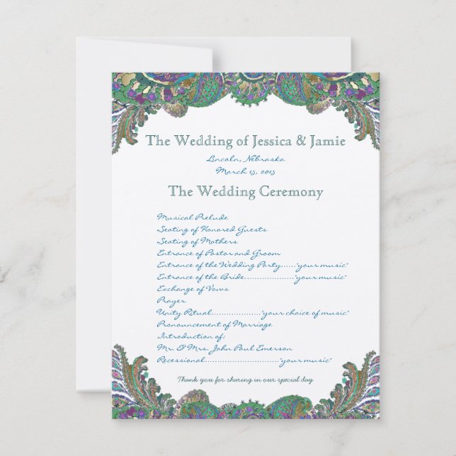 Paisley Peacock Colors Wedding Program Einladung (Vorderseite)