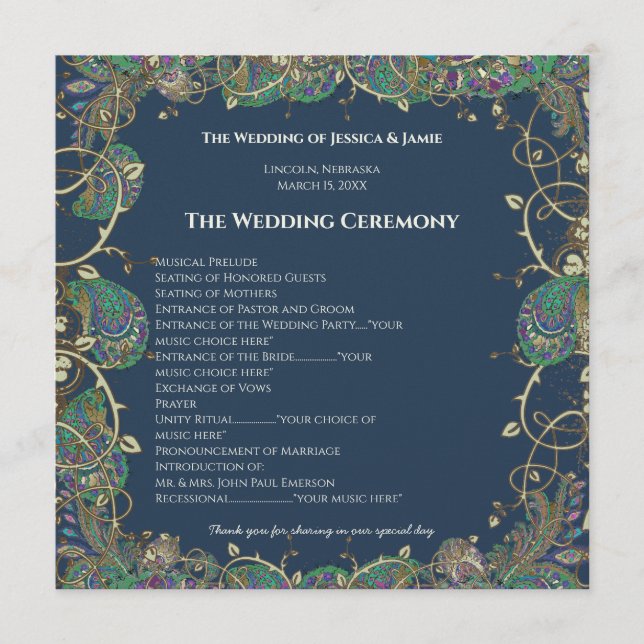 Paisley Peacock Colors Wedding Program Programm (Vorderseite)