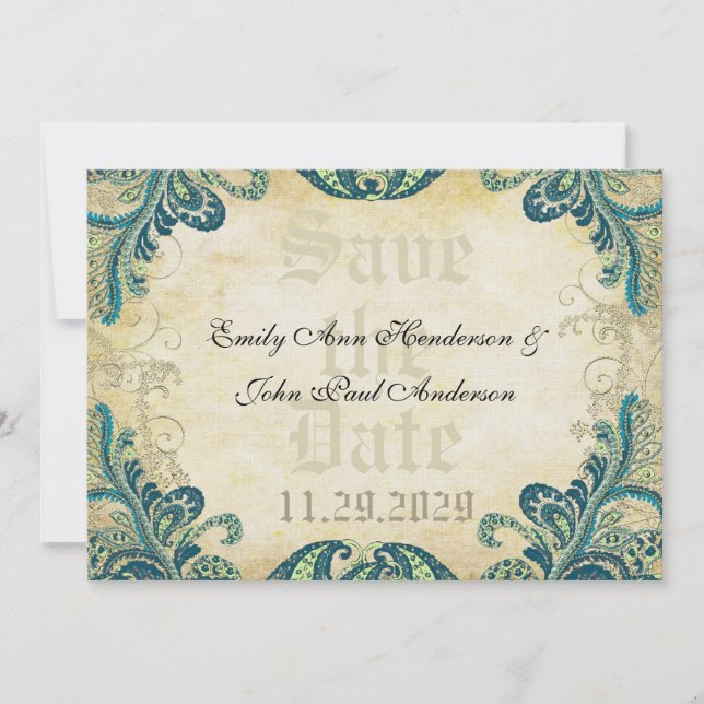 Paisley Peacock Colors Wedding Save the Date (Vorderseite)