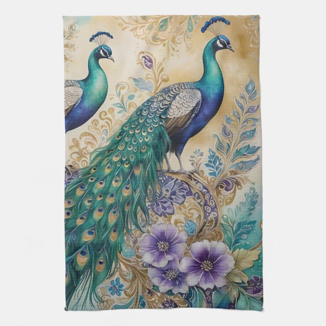 Paisley Peacock Floral Watercolor Geschirrtuch (Vertikal)