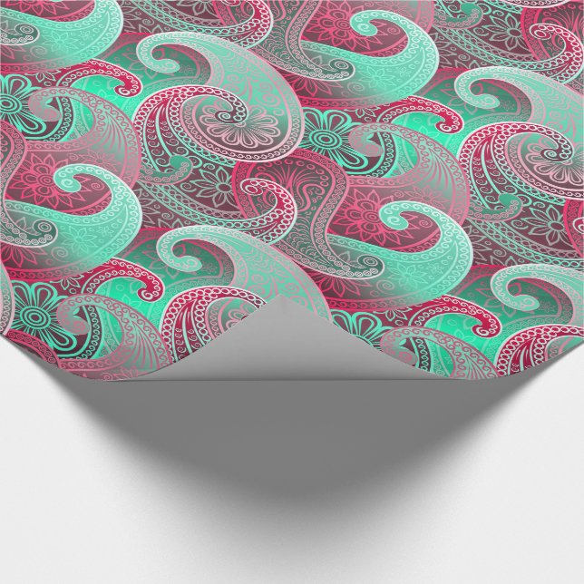 Paisley Pink und Aqua Damask Muster Geschenkpapier (Ecke)