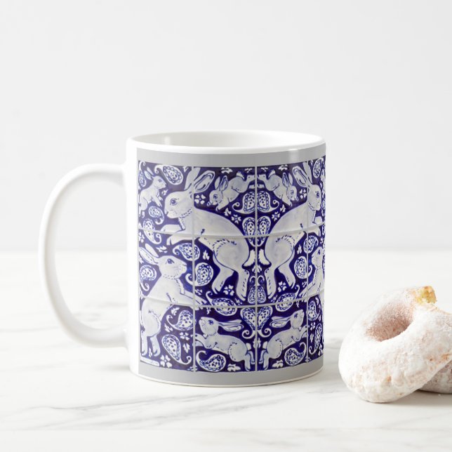 Paisley Rabbit Keramik Muster Blau-Weiß Kaffeetasse (Mit Donut)