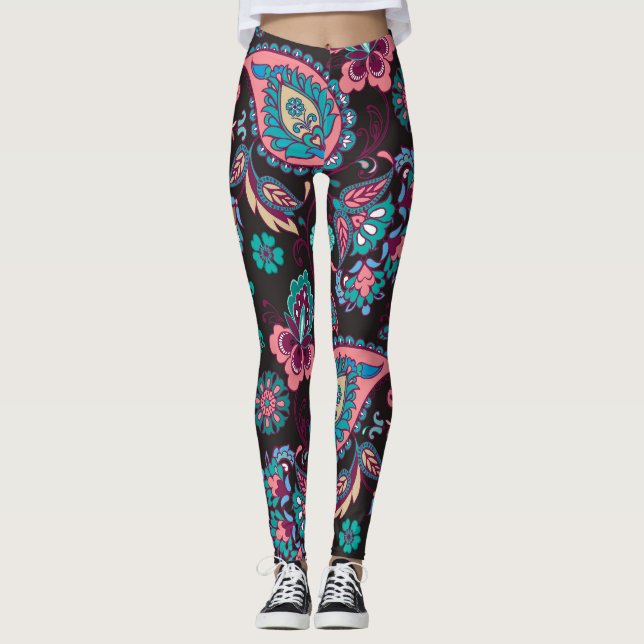 Paisley Strip: Schwarz dekorativ Nahtlos Leggings (Vorderseite)