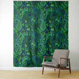 Paisley-Überfluss Lebendige Floral Blau Grün Wandteppich