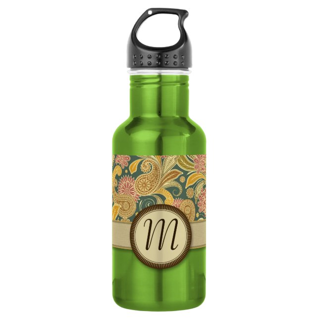 Paisley- und Fan-Blume mit Monogramm Trinkflasche (Vorderseite)