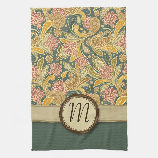 Paisley- und Fan-Blumen mit Monogramm Geschirrtuch (Vertikal)