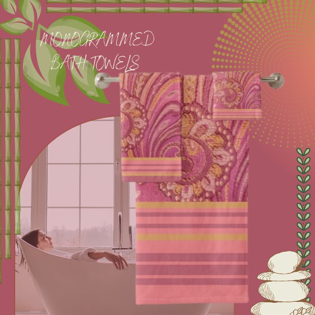 Paisley und Streifen Rosa und Orange Gold Badhandtuch Set (Von Creator hochgeladen)