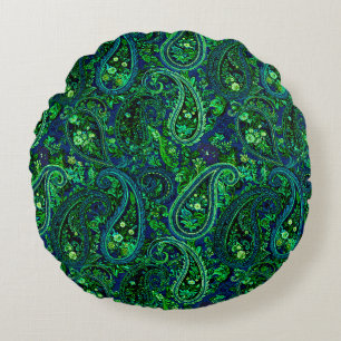 Paisley-Üppigkeit Lebendiges Florales Blau Grün Rundes Kissen
