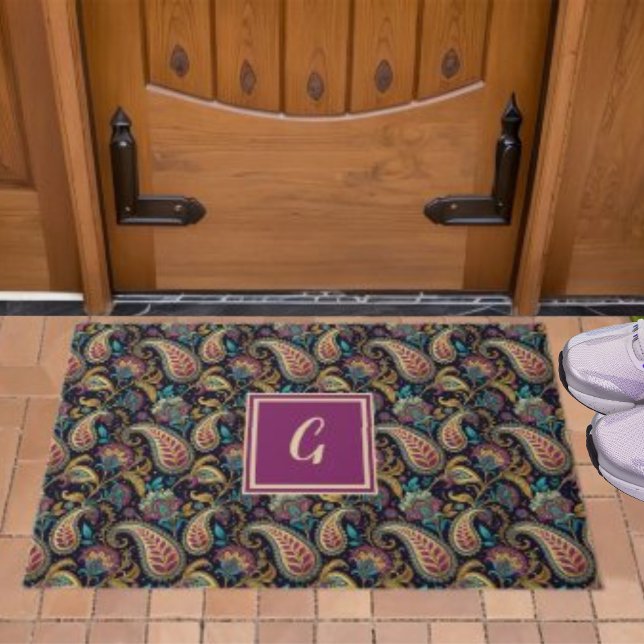 Paisley Vintag Look Black Lila Monogram Initial Fußmatte (Von Creator hochgeladen)