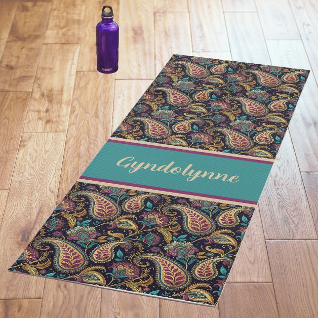 Paisley Vintage Look Black Teal Purple Monogram Yogamatte (Von Creator hochgeladen)