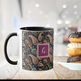 Paisley Vintage-Look Schwarz Lila Monogramm Initia Tasse