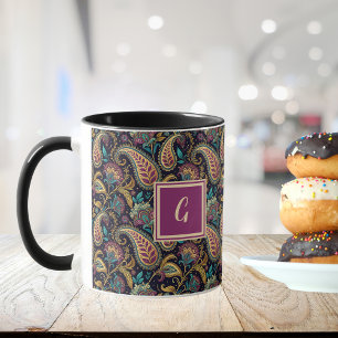 Paisley Vintage-Look Schwarz Lila Monogramm Initia Tasse