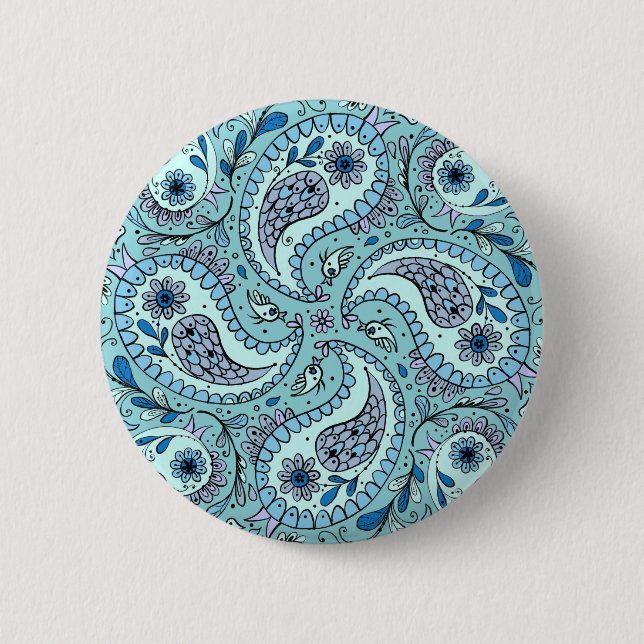 Paisley-Vögel in Babyblau Button (Vorderseite)