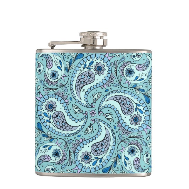 Paisley-Vögel in Babyblau Flachmann (Vorderseite)