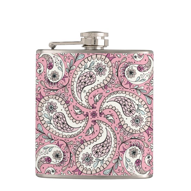 Paisley-Vögel in Babyrosa Flachmann (Vorderseite)