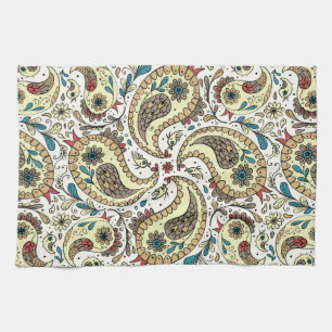 Paisley-Vögel in Gelb/Braun und Weiß Geschirrtuch