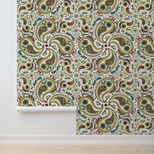 Paisley-Vögel in Gelb/Braun und Weiß Tapete