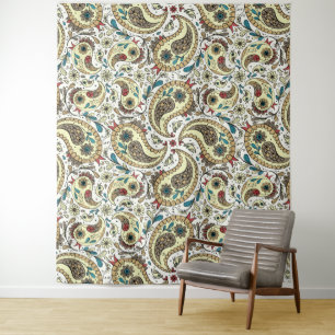 Paisley-Vögel in Gelb/Braun und Weiß Wandteppich