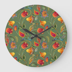 Paisley-Wasserfarbenblumen, nahtloses indisches Mo Große Wanduhr