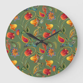 Paisley-Wasserfarbenblumen, nahtloses indisches Mo Große Wanduhr