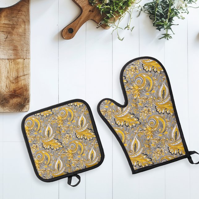 Paisley Yellow Gray Pattern Ofenhandschuh & Topflappen-Set (Von Creator hochgeladen)