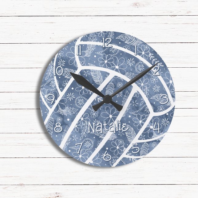 Paisleys Feathers Blume Denim Blue Volleyball Runde Wanduhr (Von Creator hochgeladen)