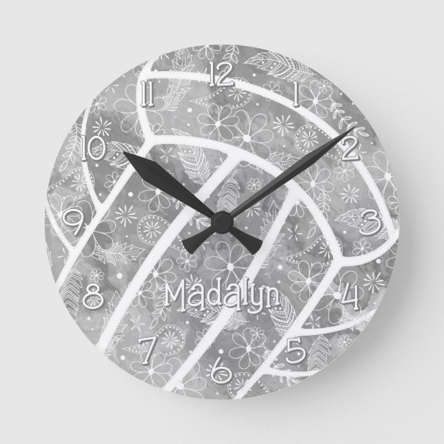 Paisleys Feathers Blume Grauer Volleyball Runde Wanduhr (Vorderseite)