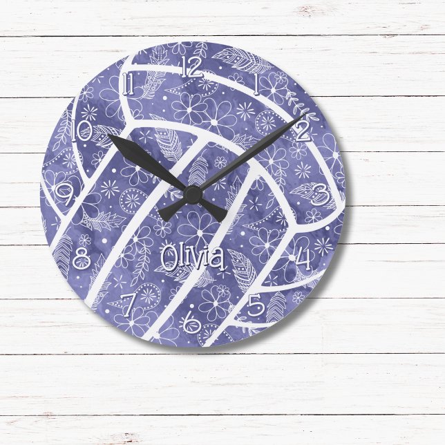 Paisleys Feathers Blume indigo Volleyball Runde Wanduhr (Von Creator hochgeladen)