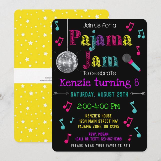 Pajama Jam Party Invite - PJ Dance Party Invite Einladung (Vorne/Hinten)