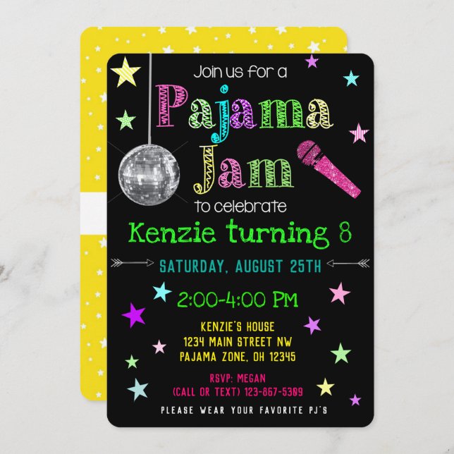 Pajama Jam Party Invite - PJ Dance Party Invite Einladung (Vorne/Hinten)